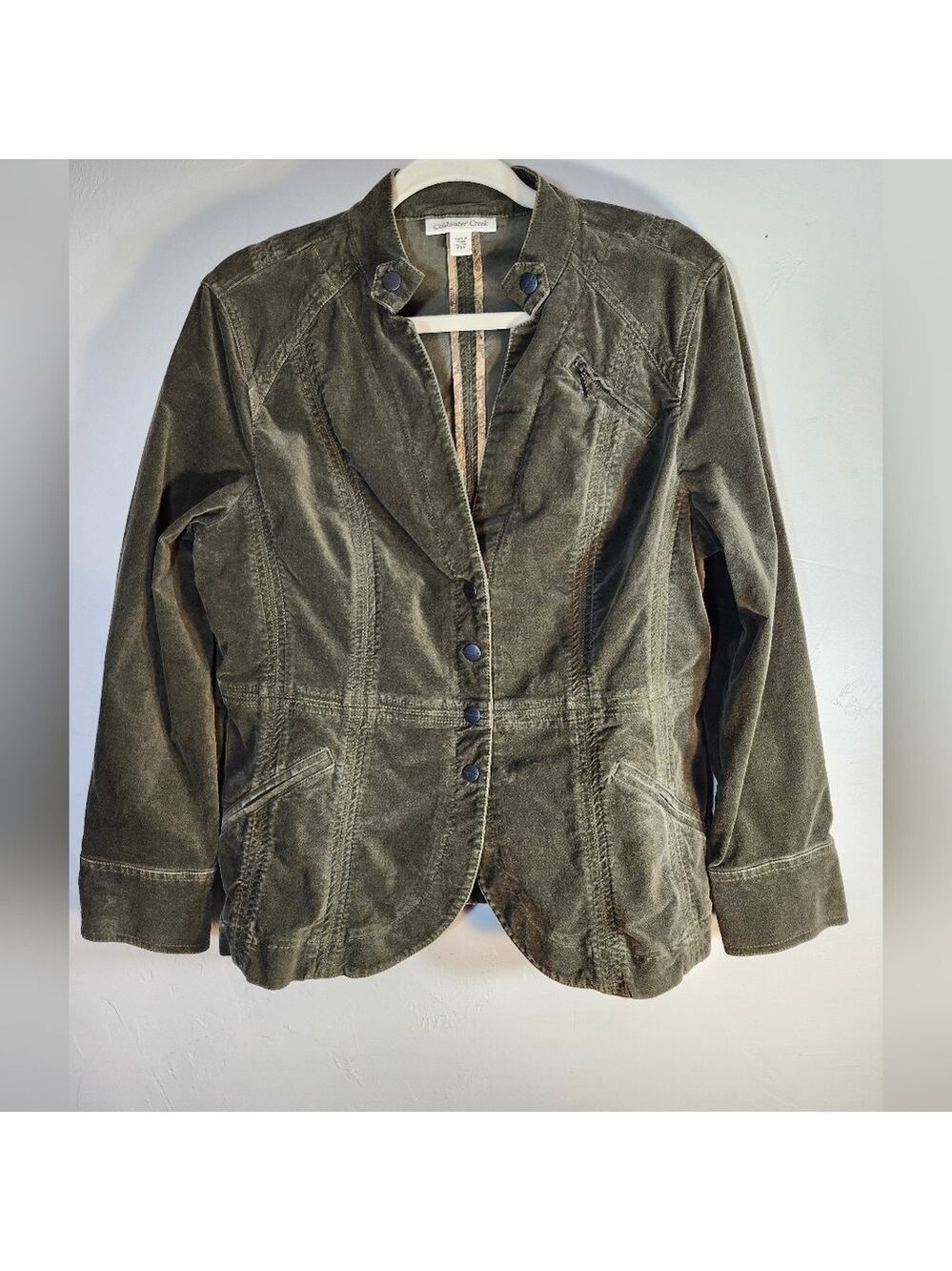 Coldwater Creek Dark Olive Snap Cotton Blazer Sz P14